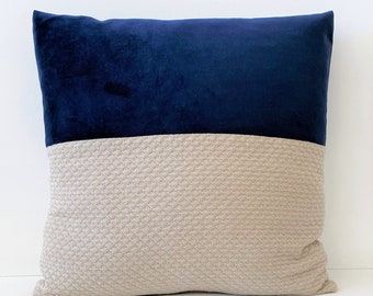 20" x 20" Pillow Cover, Color Block Pillow, Navy Blue Velvet Pillow, Beach Bungalow