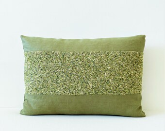 14" x 20" Lumbar Pillow Cover, Olive Green Linen Pillow, Boucle Pillow, Botanical Pillow