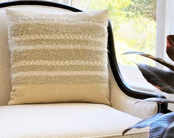Scandinavian Beige Knit Stripe Suede Pillow Cover, Soft Textured 20x20 Pastel Decor Accent