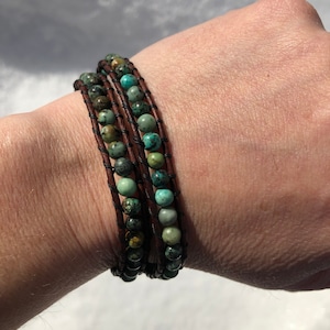 African Turquoise Wrap Bracelet with Leather Cord