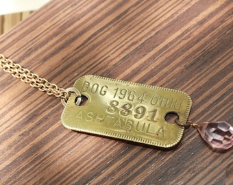 SHIPS FREE! Vintage, Collectible Dog License Tag from 1964. 30" necklace chain w pink Swarovski Crystal accent.