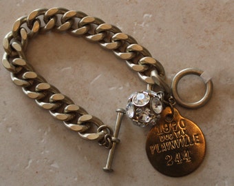 SHIPS FREE! Vintage, Collectible Dog License Tag Circa 1970 on Chunky Brass Bracelet.  One of a Kind.