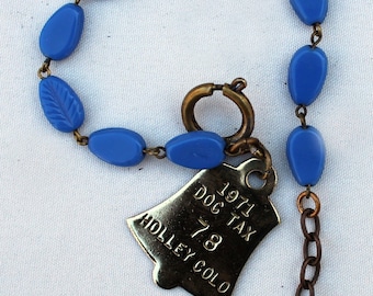 SHIPS FREE! Vintage, Collectible 1971 Dog License Tag on Blue Pear-shaped Rosary style Chain.  One of a Kind.