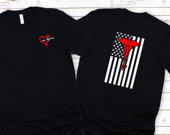 Patriotic Nurse Shirt, Cadecus American Flag, Heart EKG