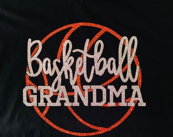 Glitter Basketball Grandma V-Neck Tee, Women's Black Cotton Shirt