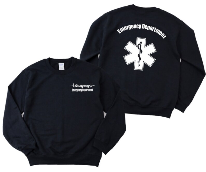 May include: Black sweatshirt with a white heartbeat graphic and the text "Emergency Department" on the front. The back of the sweatshirt has a white star of life symbol with a snake and the text "Emergency Department".