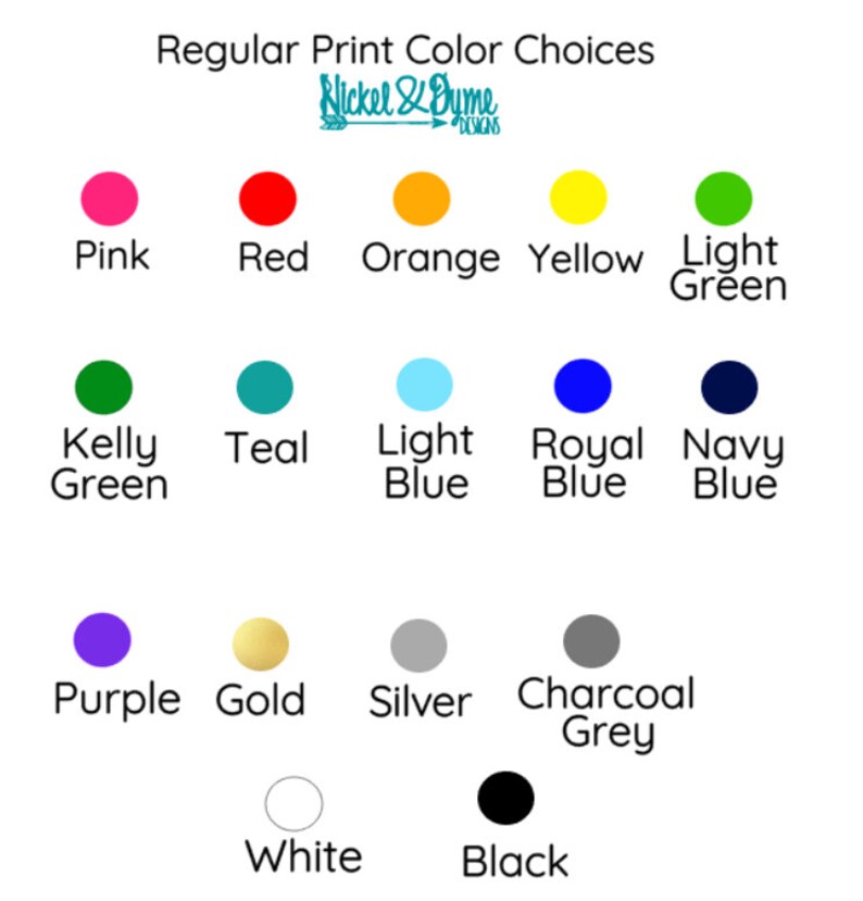 May include: Colour chart showing various print colour options for a product. The colours include pink, red, orange, yellow, light green, kelly green, teal, light blue, royal blue, navy blue, purple, gold, silver, charcoal grey, white, and black.