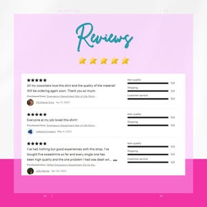 May include: A screenshot of a website displaying customer reviews for a product. All the reviews are five stars and customers are happy with the product. The website is pink with a teal heading that reads "Reviews".