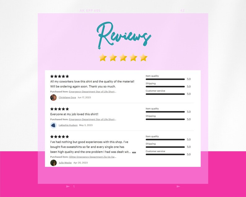 May include: A screenshot of a website displaying customer reviews for a product. All the reviews are five stars and customers are happy with the product. The website is pink with a teal heading that reads "Reviews".