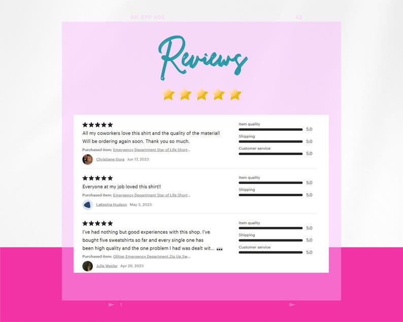 K&ouml;nnte beinhalten: Ein Screenshot einer Website mit Kundenbewertungen f&uuml;r ein Produkt. Alle Bewertungen sind f&uuml;nf Sterne und die Kunden sind mit dem Produkt zufrieden. Die Website ist rosa mit einer t&uuml;rkisfarbenen &Uuml;berschrift, die "Bewertungen" lautet.