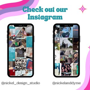 May include: Two phone screens displaying Instagram feeds. The first screen shows a feed from @nickel_design_studio, featuring photos of screen printing, clothing, and a smiley face design. The second screen shows a feed from @nickelandddyme, featuring photos of a cat, a couple walking, a woman, and a group of people.