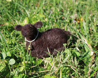 Needle Felted Seated Black Sheep with Turned Head
