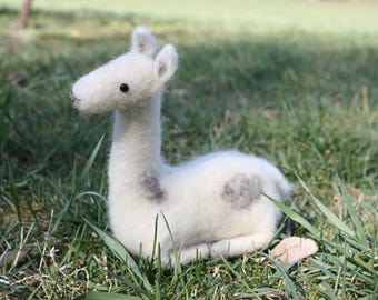 Needle Felted Seated Gray and White Llama