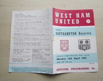 1968-69 West Ham United v Southampton RESERVES Football Combination Cup Final First Leg Programme.