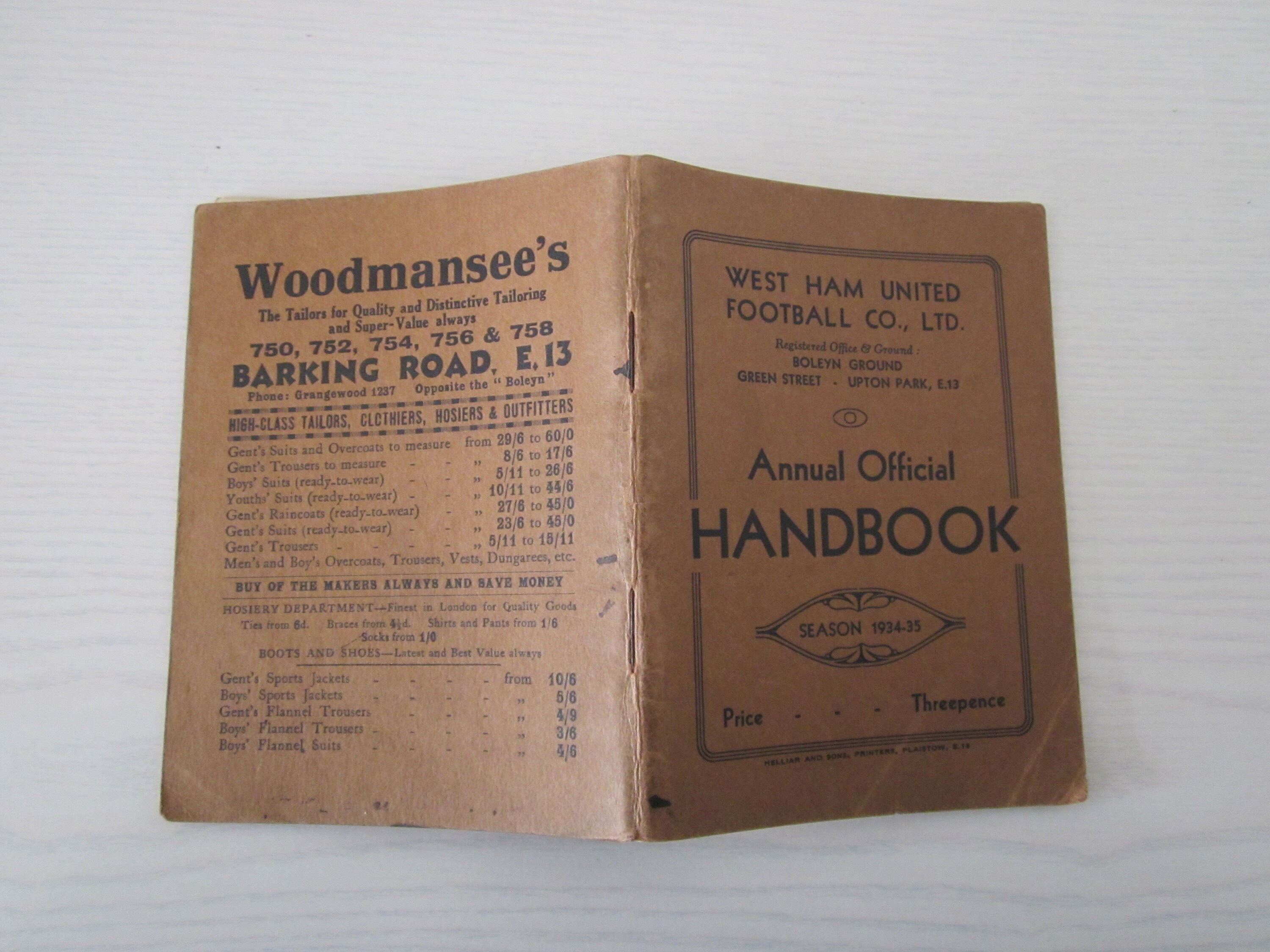 Image of 1934-35 Original West Ham United Football Club Handbook, Yearbook. Ideal Christmas Gift, Valentine's Day, Fathers Birthday Present