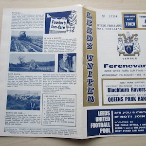 May include: A vintage Leeds United football program from 1968, featuring a match against Ferencvaros. The program includes team details, match information, and advertisements. The cover is blue and white with the Leeds United logo and the text "Official Programme One Shilling."