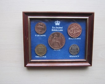 Pre-1971 Pre-Decimal British Coins 5 Coin Set In Beautiful Wooden Frame, Ready To Decorate Any Wall! Ideal Xmas, Father's Day, Birthday Gift