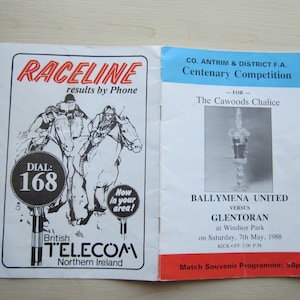 May include: A black and white program for the Ballymena United versus Glentoran soccer match. The program is for the Co. Antrim & District F.A. Centenary Competition for the Cawoods Chalice. The match is at Windsor Park on Saturday, May 7, 1988. The program costs 50p.