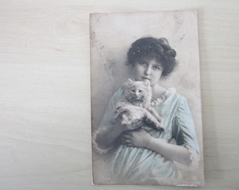 Postcard, Child With Kitten, Genuine, Original.
