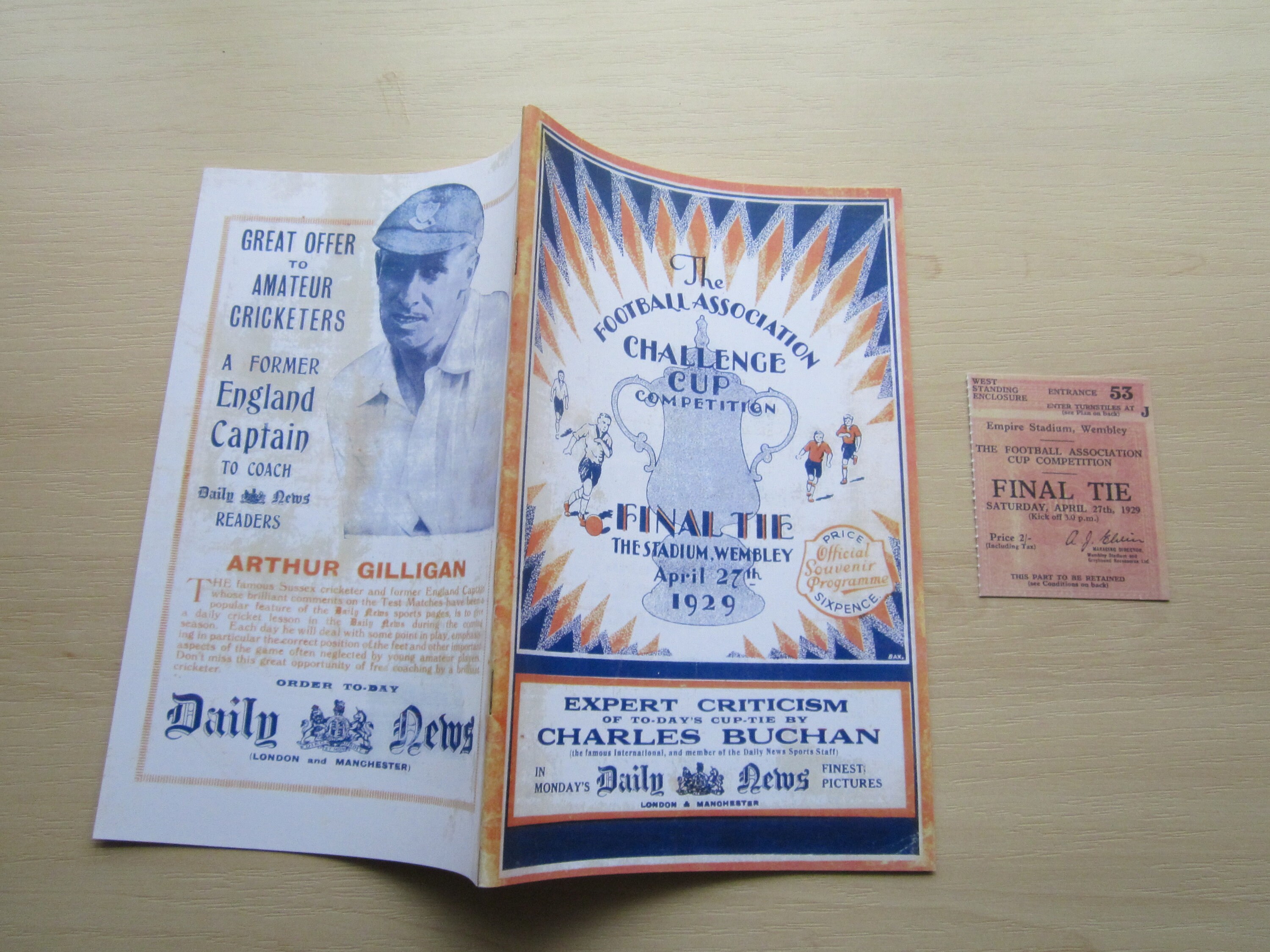 Image of 1929 Bolton Wanderers V Portsmouth Town Reproduction/Replica F A Cup Final Football Programme + Ticket. Ideal Christmas Birthday Present