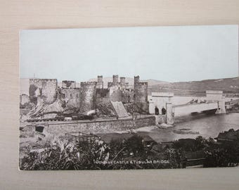 Postcard, Conway Castle & Tubular Bridge, Wales, United KIngdom. Genuine, Original.