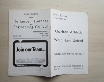 1974-75 Peter Reeves Testimonial Match Programme, Charlton Athletic v West Ham United. Ideal Christmas Gift, Fathers Day, Birthday Present