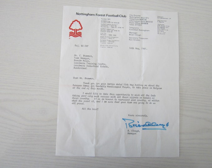 Featured listing image: 1981 Brian Clough PERSONALLY HAND SIGNED Letter On Official Nottingham Forest Letter Head. Ideal-Christmas-Gift-Fathers Day-Birthday-Present