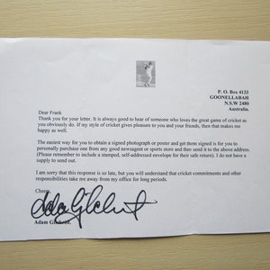 Carta original de Adam Gilchrist firmada a mano en los años 90. Jugador de críquet internacional australiano. Regalo ideal para Navidad, San Valentín o cumpleaños.