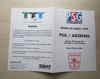 1994 PSG v Arsenal, European Cup Winners' Cup SEMI FINAL Programme, Souvenir.Ideal Christmas Gift Fathers Day, Birthday Present For Him.