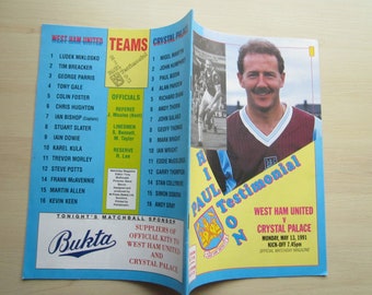 1990-91 Paul Hilton Testimonial Match West Ham United v Crystal Palace Programme. Ideal Christmas Gift, Birthday Present, Father's Day Gift