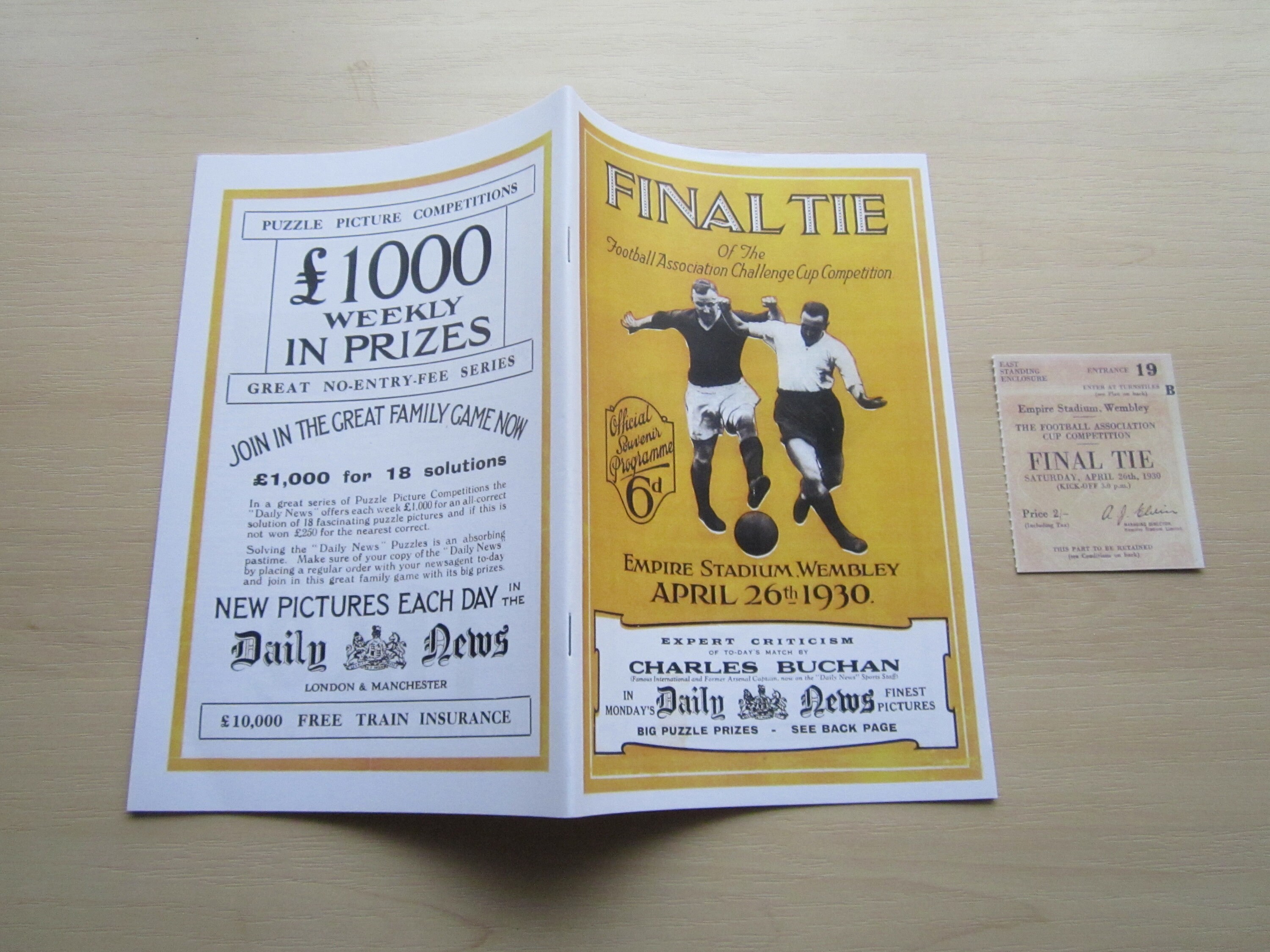 Image of 1930 Arsenal V Huddersfield Reprint/Reproduced F A Cup Final Programme + Ticket. Ideal Christmas Gift, Fathers Day, Birthday Present