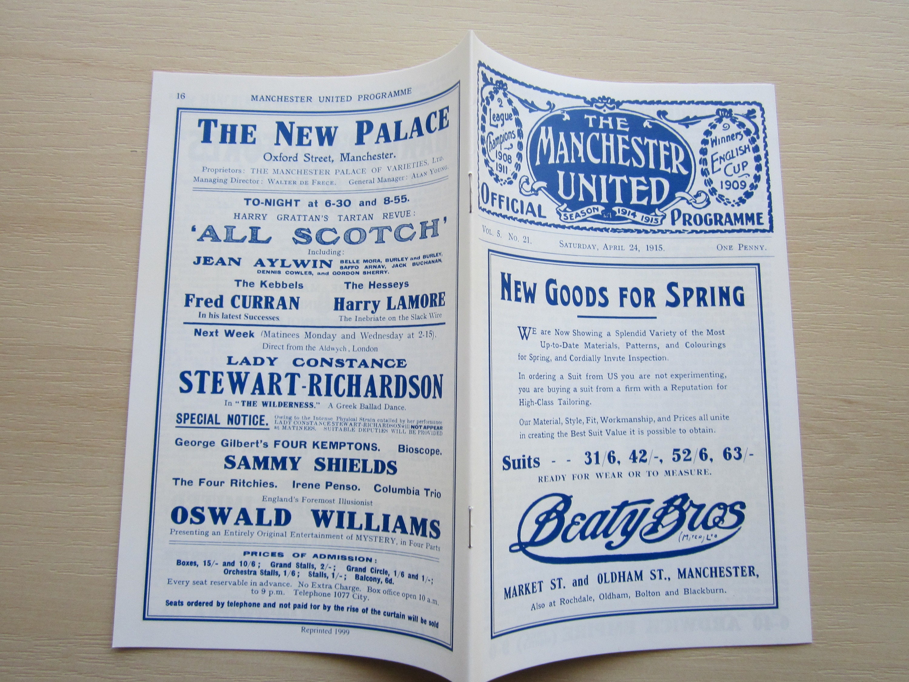 Image of 1915 Chelsea V Sheffield United Reprint/Replica/Reproduced F A Cup Final Programme Ideal Christmas Gift, Fathers Day, Birthday Present