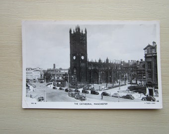 REAL PHOTO Postcard, The Cathedral, Manchester, England, UK.  Genuine, Original. Used. Postmarked 1957