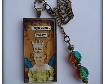 Impatient Fairy Glass Pendant Necklace with Crown Charm in Antique Bronze
