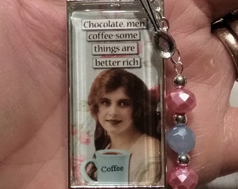 SASSY 1x2 Inch Glass Pendant Necklace COFFEE LOVERS Sarcastic Beads Charms Vintage Type Coffee Cup Charm