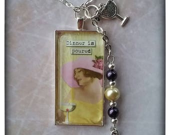 SASSY 1x2 Inch Glass Pendant Necklace Silver Tone Alcohol