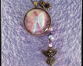 Beautiful Whimsy Angel Necklace with Angel Charm in Purple Tones and Antique Bronze