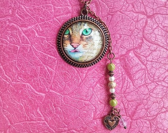 Cat Necklace with Heart Charm Acrylic and Glass Beads Antique Copper Gift for Her Cat Jewelry Cat Lover