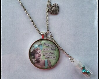 Sassy Gift For Her Glass Necklace Funny Sarcastic Heart Charm Vintage Type