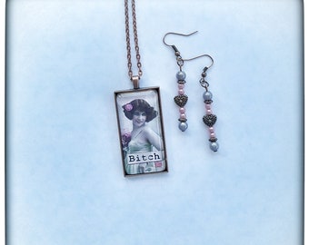 Sassy Vintage Bitch Necklace with Matching Earrings Set,  MATURE Jewelry