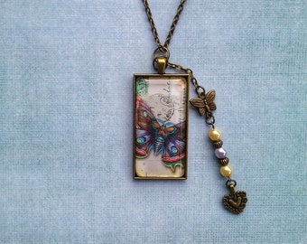 Beautiful Butterfly 1x2 Inch Glass Pendant Necklace in Antique Bronze 24" with Charms