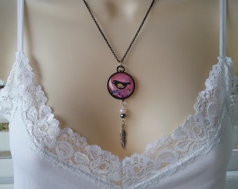 Little Black Bird in Pink Background with Glass Beads and Feather Charm