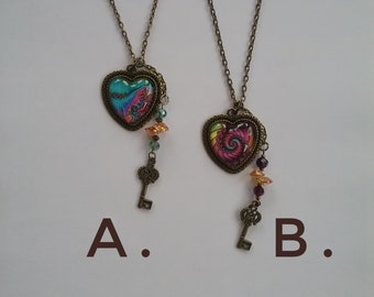 Choice of Glass Heart Pendant Necklace with Glass Beads and Antique Key Charm ~ Choose One