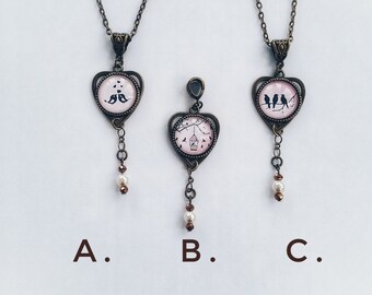 Lovely Pale Pink Bird Necklace in Antique Bronze Heart Shape, Your Choice of Pattern!