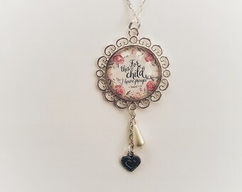 For This Child I Have Prayed Glass Pendant Necklace with Heart Charm and Faux Teardrop Pearl in Silver Tone