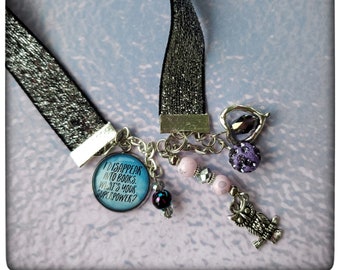 Handmade Fabric Bookmark with Glass Beads, Owl Charm and Glass Pendant that says "I disappear into books. What's your superpower?"