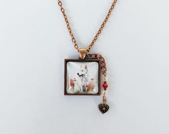 Swiss Shepherd, White German Shepherd Dog Glass Pendant Necklace in Antique Copper with Pink and Red Crystals with Heart Bead Charm