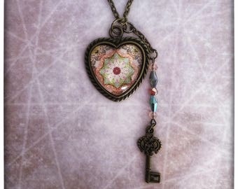 Beautiful 1 Inch Glass HEART Pendant Necklace Antique Bronze with Antique Key Charm and Beads