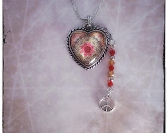 Beautiful 1 Inch Glass HEART Pendant Necklace Silver Tone with Peace Charm Beads