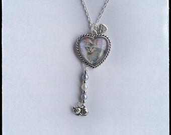 Kitten One Inch Glass HEART Pendant Necklace Silver Tone 17" With Charms For Cat Lover